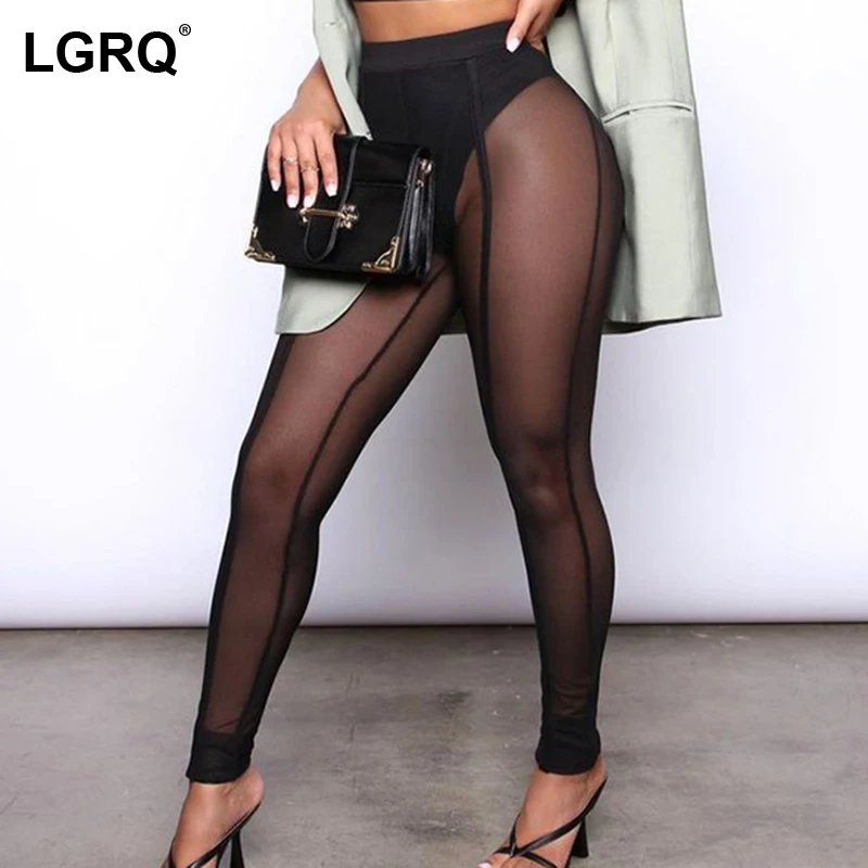 

Женская одежда LGRQ, Новинка осени 2021, сексуальные прозрачные сетчатые обтягивающие спортивные повседневные штаны с высокой талией для упраж...