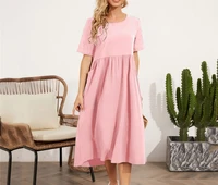 2022 summer cotton linen womens long dress casual pocket o neck elegant pink dress female new loose fashion clothes lady