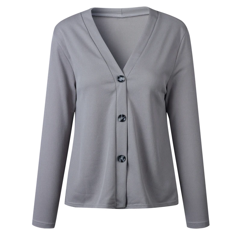 Женский кардиган в рубчик пальто с V-образным вырезом на пуговицах длинным