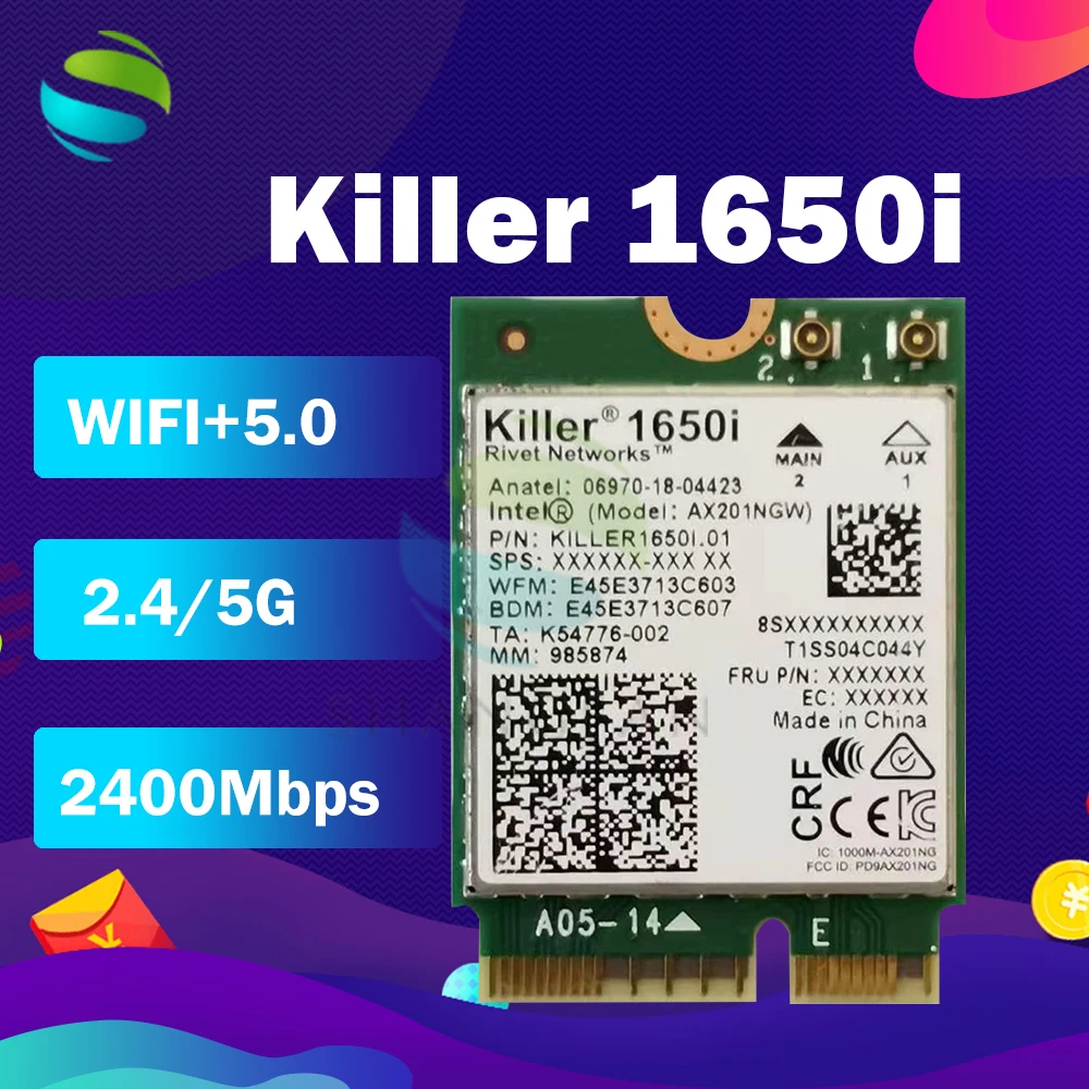 Карта Wifi Killer 1650i AC Dual Band 2.4Gbps AX201NGW 802.11AX/A/B/G/N Bluetooth 5.0 для ноутбука на Windows 10.