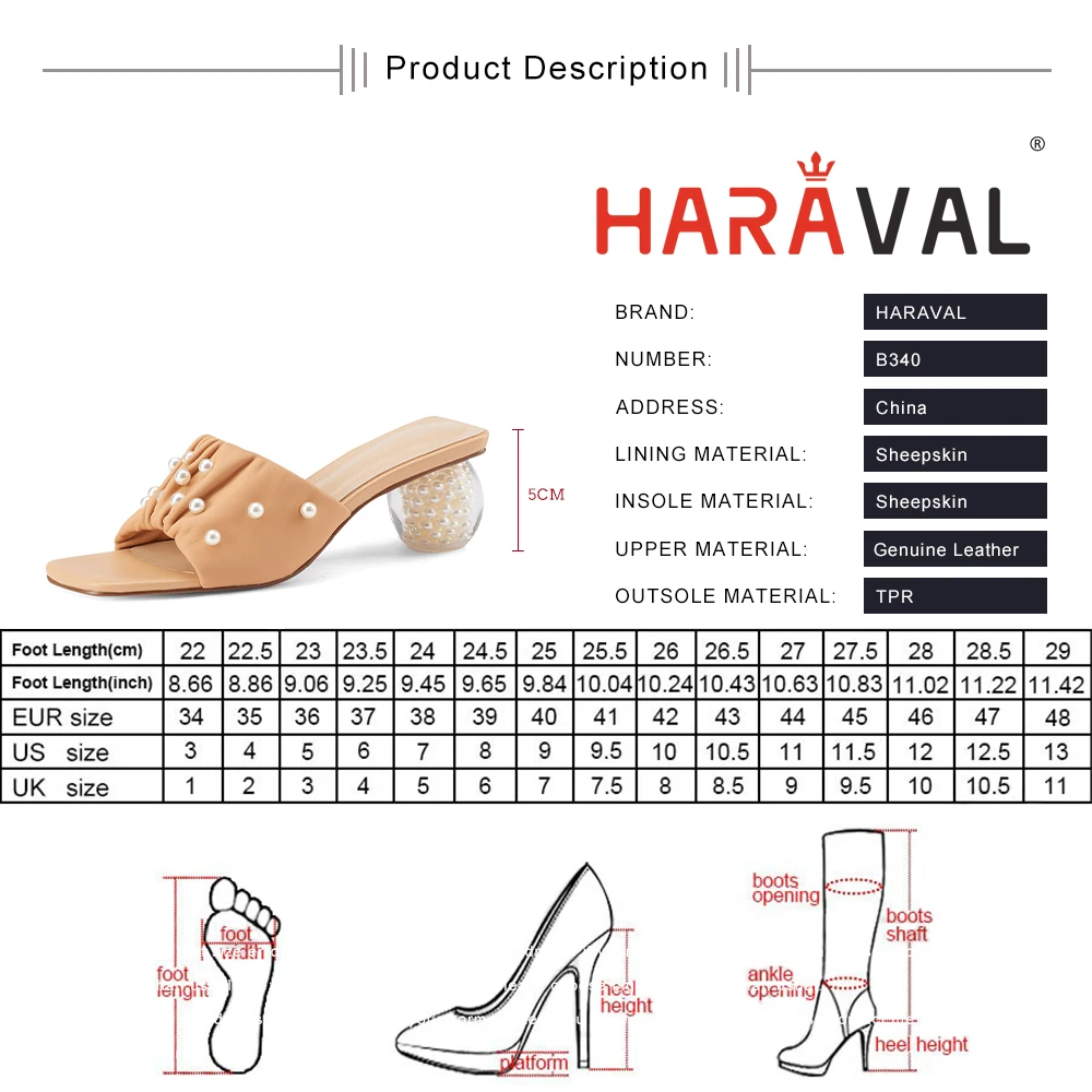 

HARAVAL Women Slides Shoes High Heels Eelgant Genuine Leather Casual White Brown Solid Female Shoe Sexy Flock Outside ShoesB340