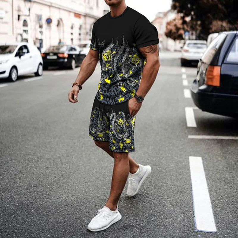 

2021 Summer New 3D Printing Octopus Men's Suit Casual Sports T-Shirt + Shorts 2-Piece Set Fashion Trend Hip Hop Harajuku S-6XL