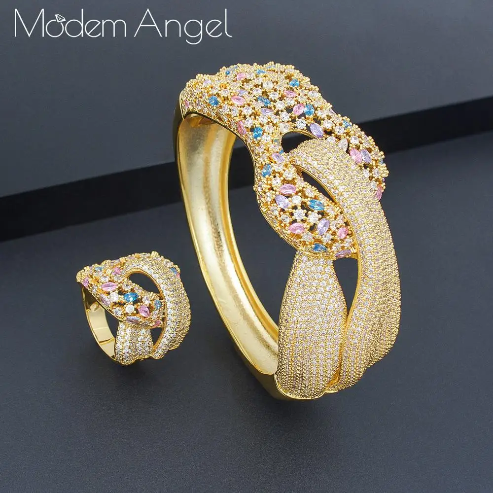 

ModemAngel Trendy Luxury Disco Stackable Jewelry Set For Women Wedding AAA Cubic Zircon Dubai Bracelet Party Bangle Rings