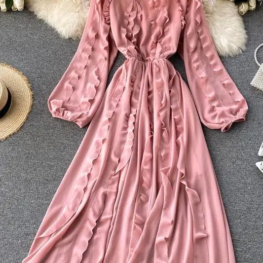 

Women Design Korean Maxi Dress Autumn Sweet O Neck Puff Sleeve A-line Dress Elegant Fashion Streetwear Long Dresses