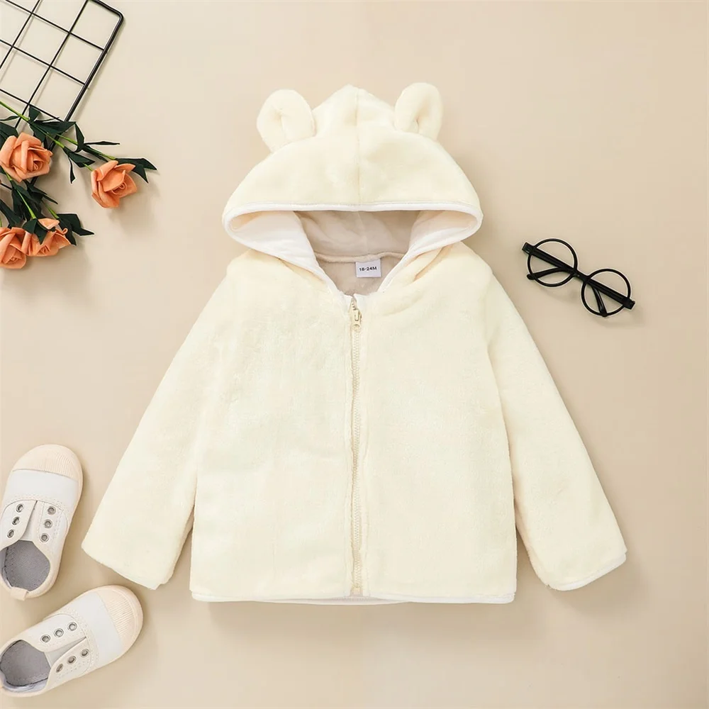 

2021 Toddler Girl Cute Ear Decor Zipper Hooded Solid Fluffy Jacket Coat