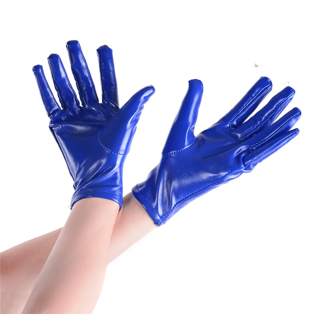 Короткие блестящие перчатки из искусственной кожи для взрослых влажного вида в