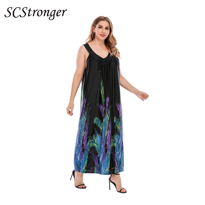

SCSTRONGER Summer Plus Size Dress Black Feather Print Loose V neck Large Swing Fashion Women's Wear vesidos mujer verano 2021
