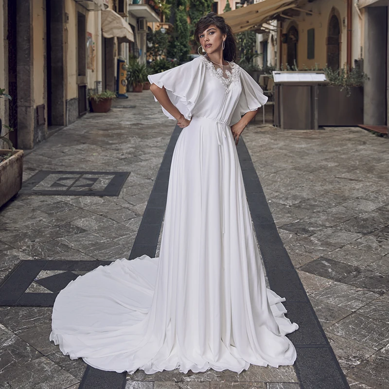 Богемное свадебное платье с О образным вырезом короткими рукавами аппликацией