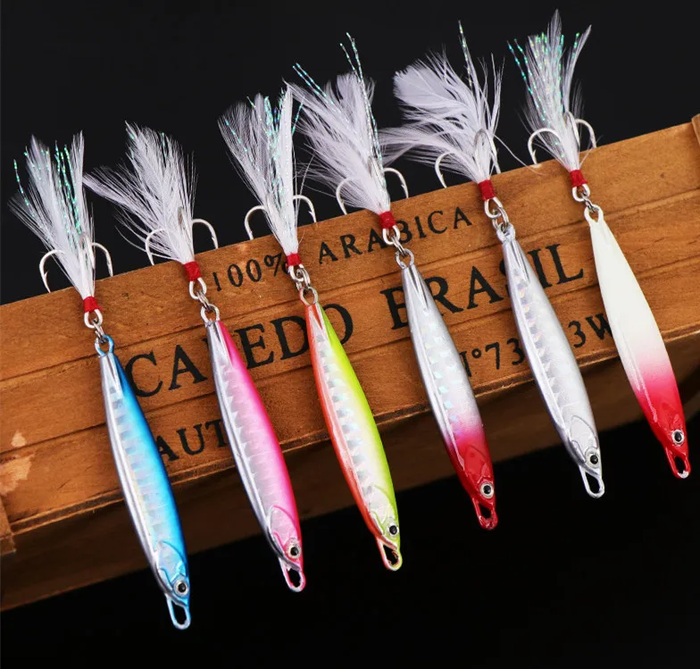 

Ufishing Shore Casting Jigging Fishing Lures 20Pieces/Lot 15g 20g 30g Metal Jigbait Feather Hook Bass Lure