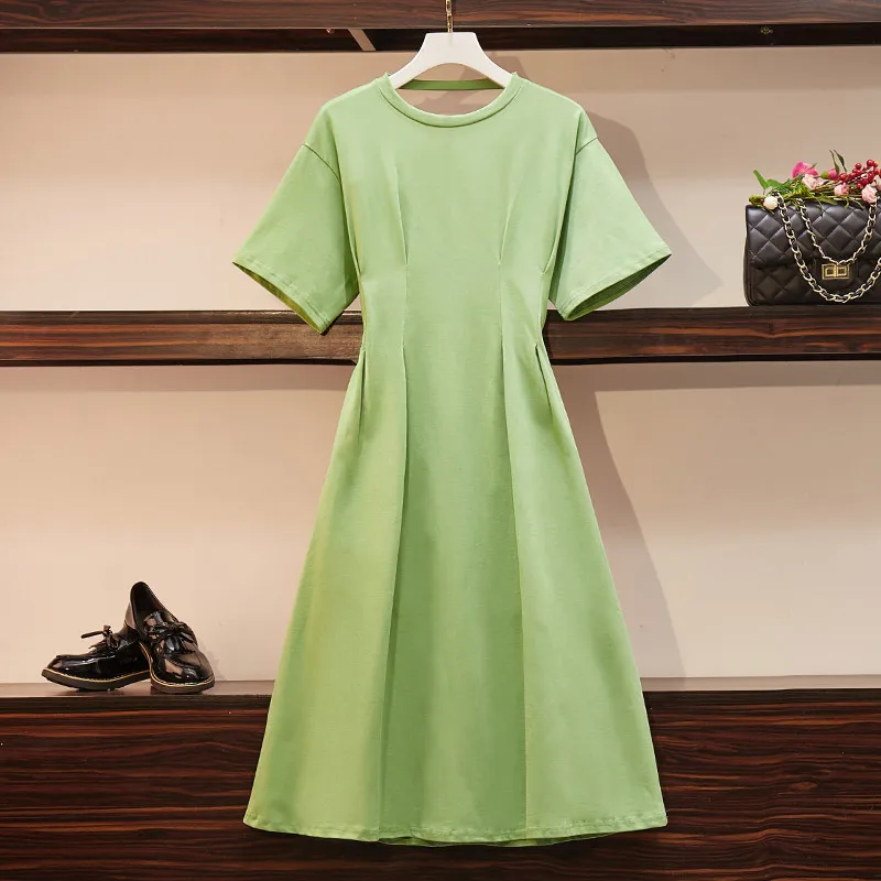 Летнее платье большого размера элегантное свободное с коротким рукавом и поясом