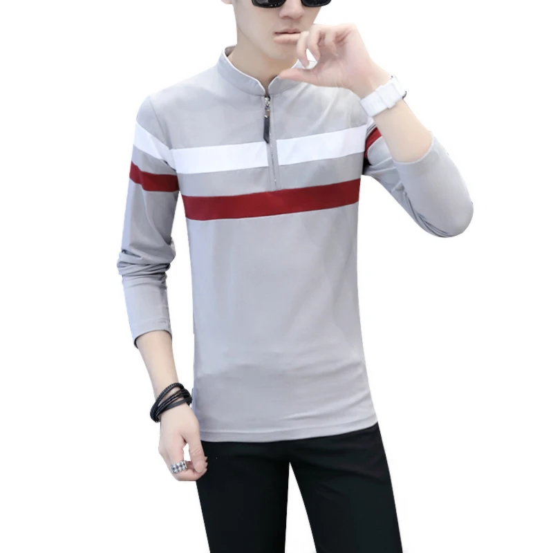 

Spring Winter Men's T-Shirt Lapel Long Sleeve Stripe Youth Favors Coat Cultivate Male Clothing Tees