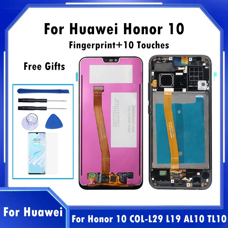 

ЖК-дисплей 5,84 дюйма со сканером отпечатков пальцев для Huawei Honor 10 COL-L29 L19 AL10 TL10, сенсорный экран с дигитайзером в сборе, Замена с рамкой
