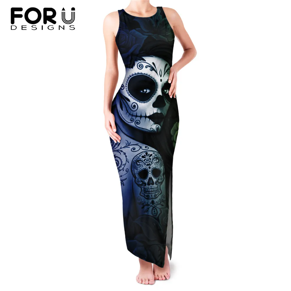 

FORUDESIGNS, готические повседневные платья с принтом черепа для девочек, Длинные вечерние платья с высоким разрезом и круглым вырезом, сарафаны-...