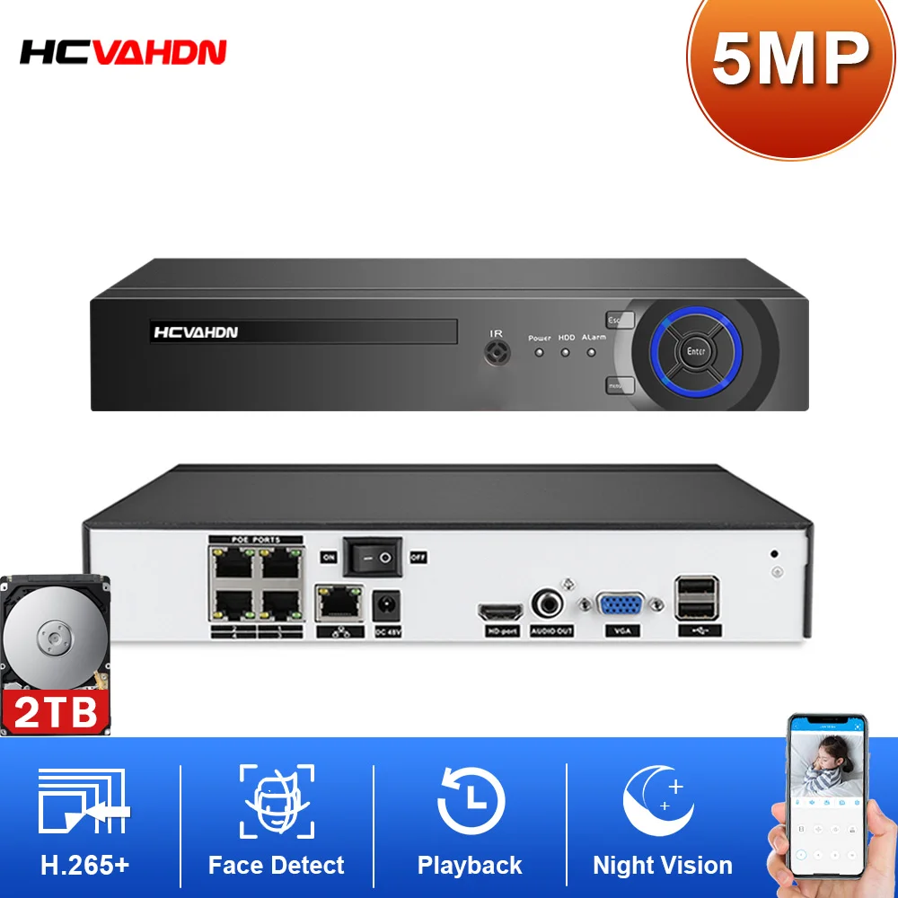 

H.265+ 8CH 4CH 5MP POE NVR Recorder 5MP AI Human/Face Detection Network NVR security Video Surveillance Alarm Wireless NVR HDMI