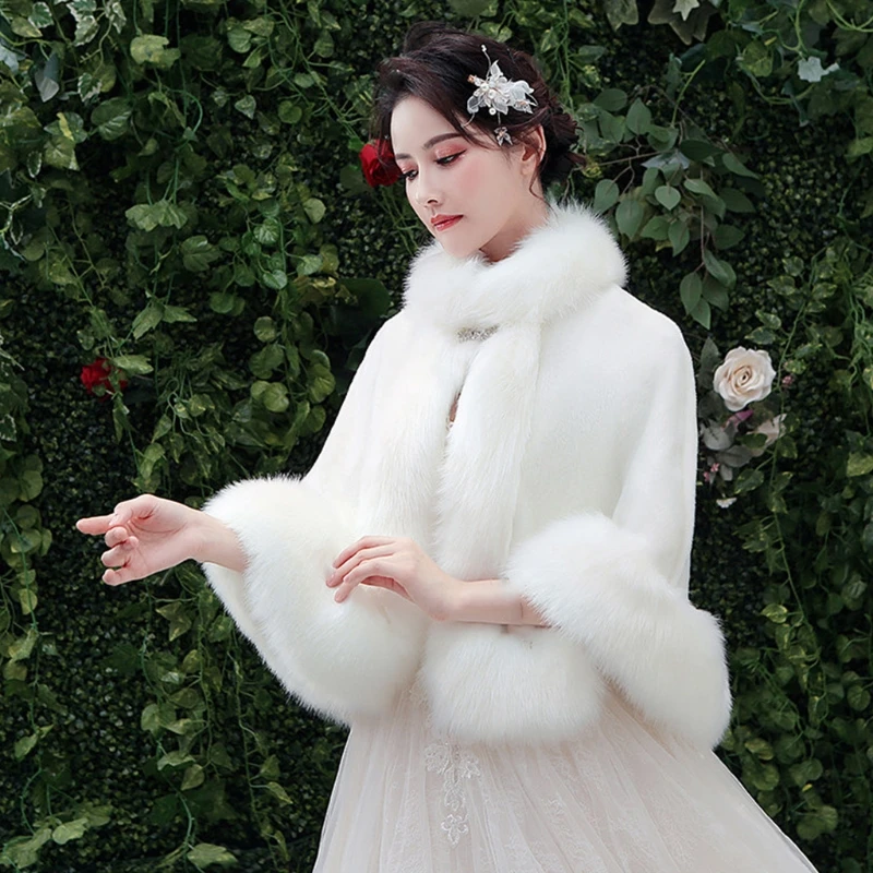 

Wedding Bridal Winter Warm Cloak Shawl Wrap Furry Plush Formal Party 1920s Thicken Thermal Cape Stole with Buckle