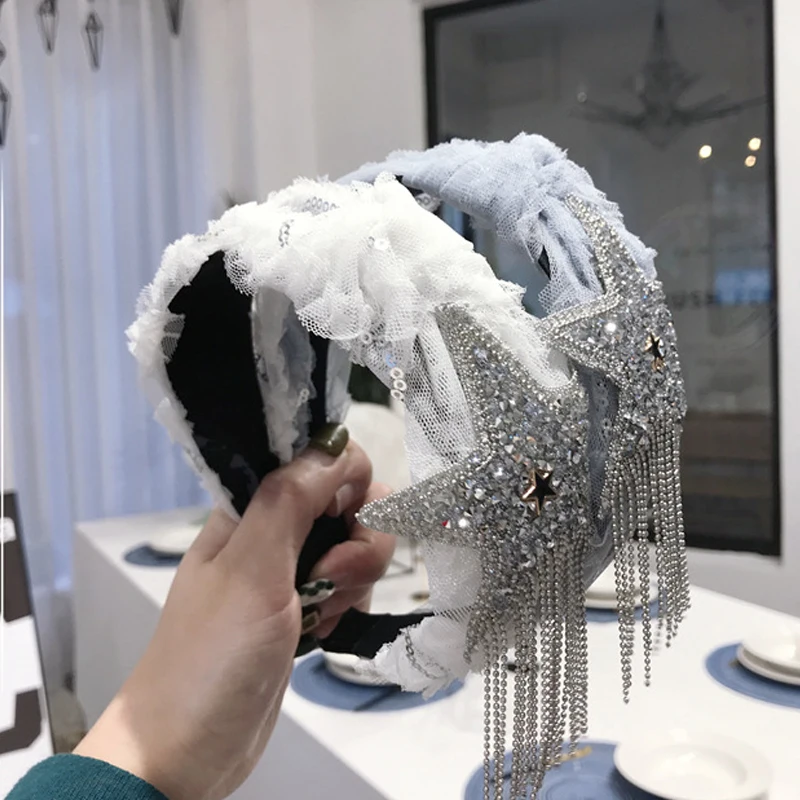 Q Новые сетчатые кружевные широкие повязки для волос с кисточками женщин