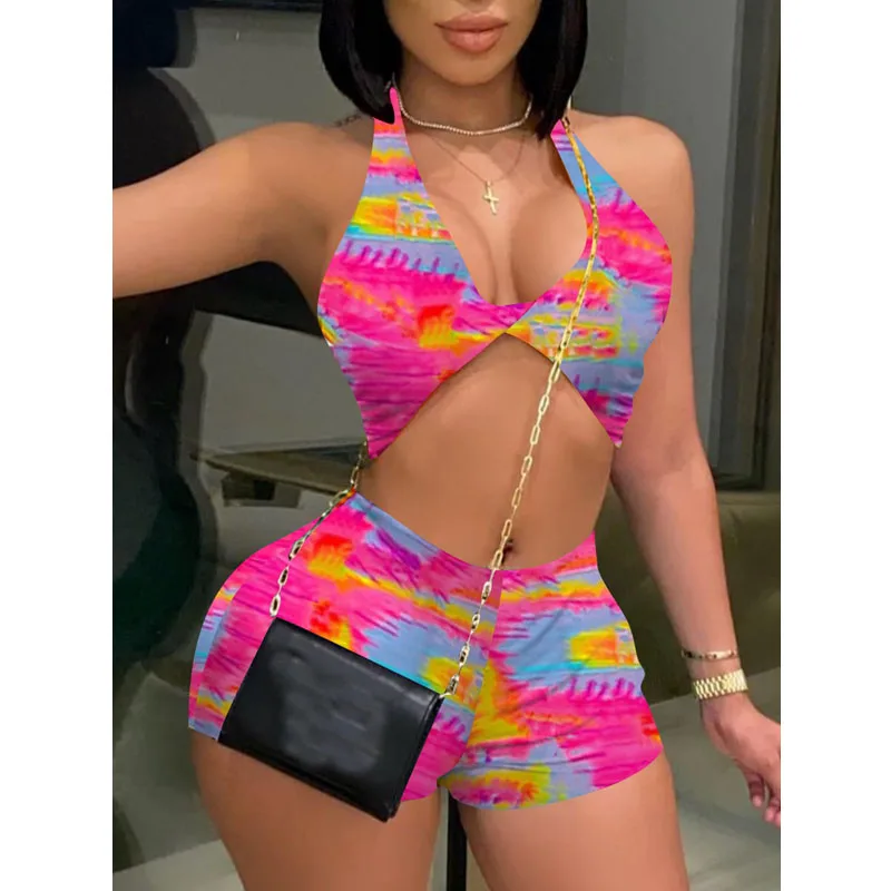 

Летний комплект из двух предметов, женский модный пикантный топ с лямкой на шее и велосипедные шорты, спортивный костюм, уличная одежда для ...