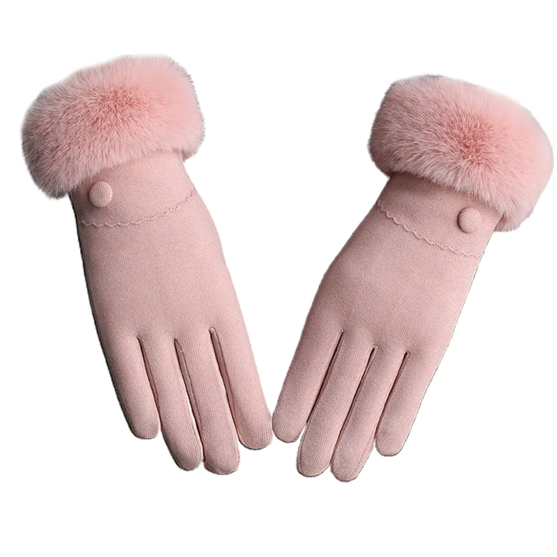 

Korean Women Outdoor Driving Full Finger Gloves Elegant Solid Color Button Decor Thicken Plush Lined Winter Touch Screen Mittens