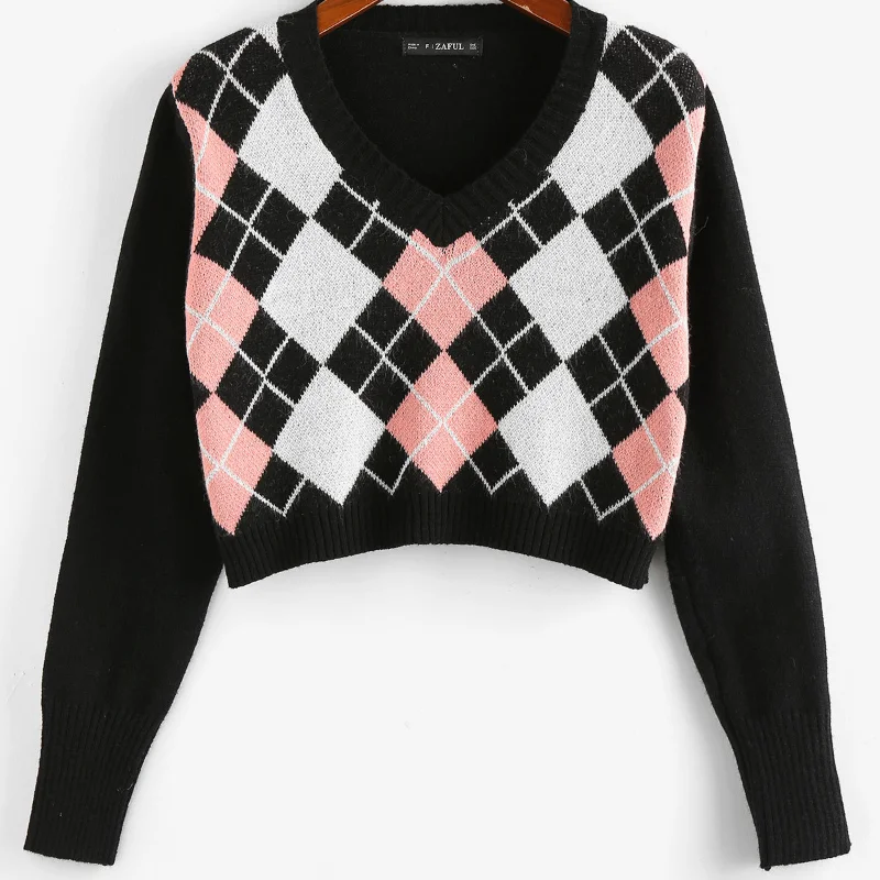 

Plaid Women Sweaters Casual Cropped Pullovers Green Knitted Sweater Outwear Pullover V Neck Jumper Female Long Sleeve Pull Femme