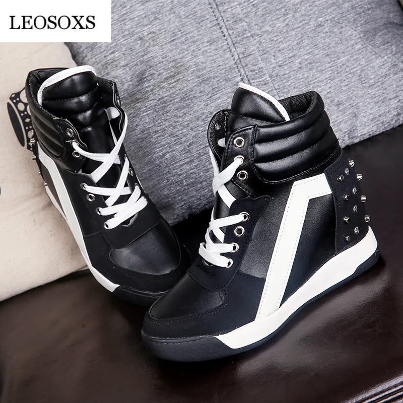 LEOSOXS Rivet Women Sneakers Wedge Platform Female Casual Shoes High-Top Lace-Up Increase Vulcanized | Обувь