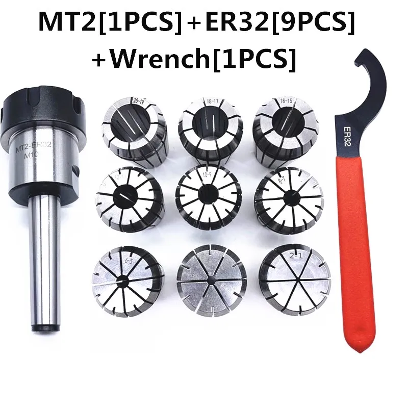 

High Quality 9pcs ER32 Spring Collets + 1PCS MT2 M12 ER32 Collet Chuck Morse Taper Holder For CNC Milling Lathe Tool
