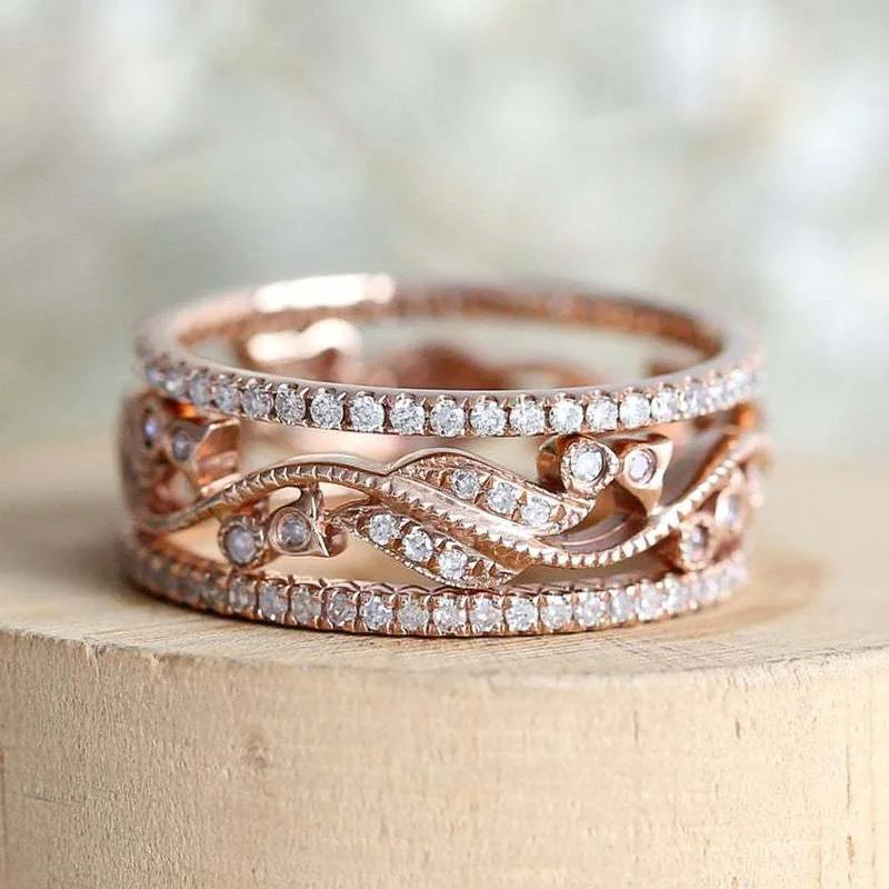 

Elegant 3 Pcs/set Rose Gold Color Flower Crystal Zircon Alloy Female Ring Set for Women Party Jewelry Accessories Size 5-12