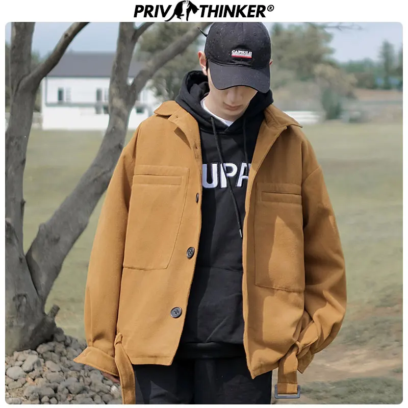 Мужская куртка Privathinker черная шерстяная в Корейском стиле на осень и зиму 2020 |