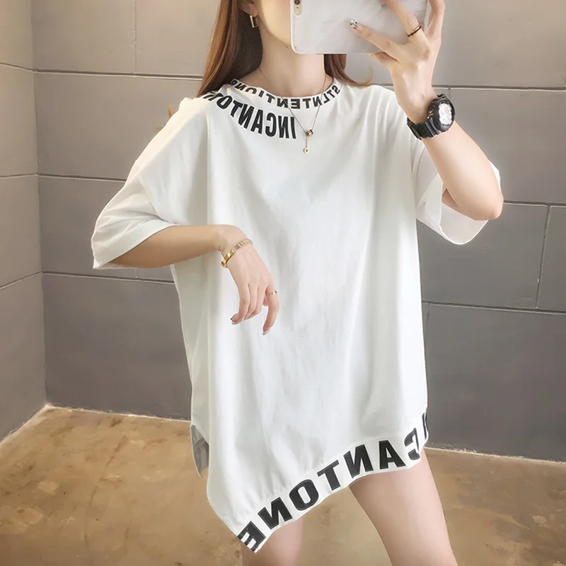 

White T-shirt for Women 2021 New Mid-Length round Neck Letter Loose Summer Short Sleeve Korean Fashion Ins Inner Wear Blouse