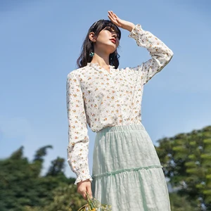 INMAN 2021 весна осень Новое поступление Женская свежая Agaric на шнуровке рукава тонкая Цветочная рубашка с длинным рукавом Seersucker