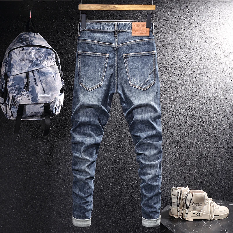 European Vintage Fashion Men Jeans Retro Blue High Quality Elastic Slim Fit Designer Jeans Men Korean Style Casual Denim Pants