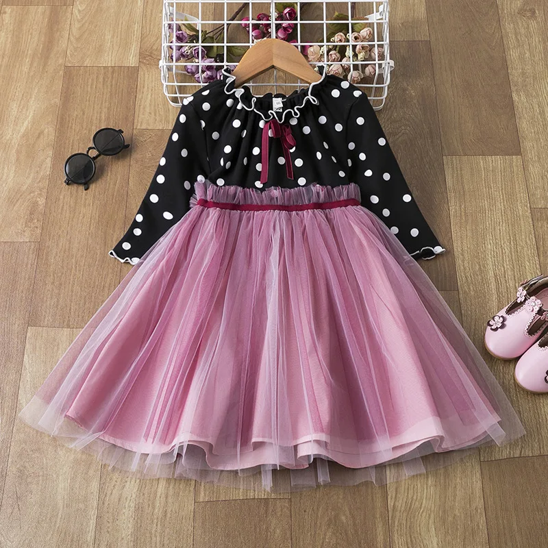 

Kid Girl Sweet Princess Long Dress Long Sleeve Net Gauze Dress Girl Dot Bouffant Gauze Dress Kawaii Cute Clothes Children's Wear