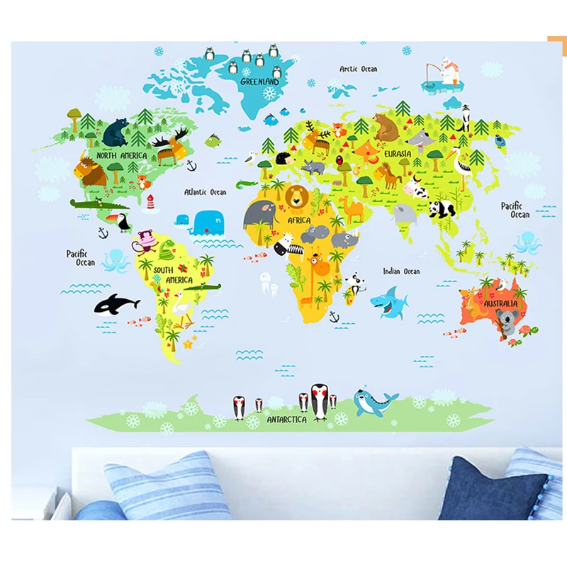 

new cartoon animals world map wall decals for kids rooms office home decorations pvc wall stickers diy mural art posters