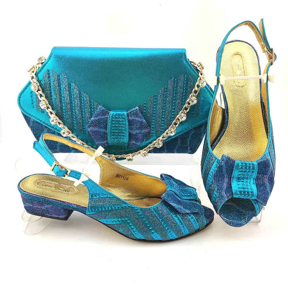 

High Quality Blue Women Shoes Match Handbag With Rhinestones Decoration African Dressing Pumps And Purse Set MM1128,Heel 4CM