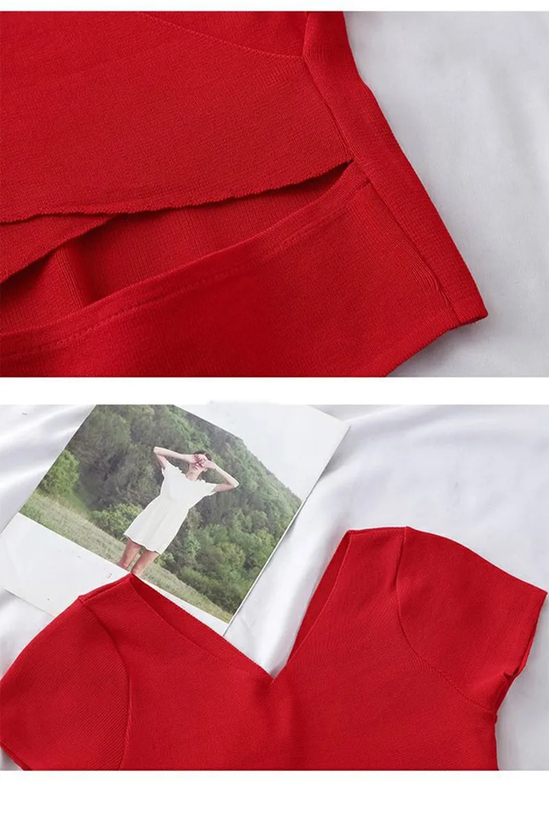 

2021 New Summer Fashion Knitting T-Shirts Female Tops Cross-Backless Short Sleeve Solid V-Neck Sexy Ladies All-Match Shown Thin