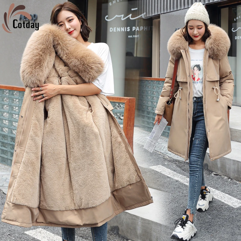 

Cotday Cotton With Hooded Fur Long Khaki Cotton Liner Adjustable Waist 2020 Hot Sale Winter Warm Elegant Women Parka Coat