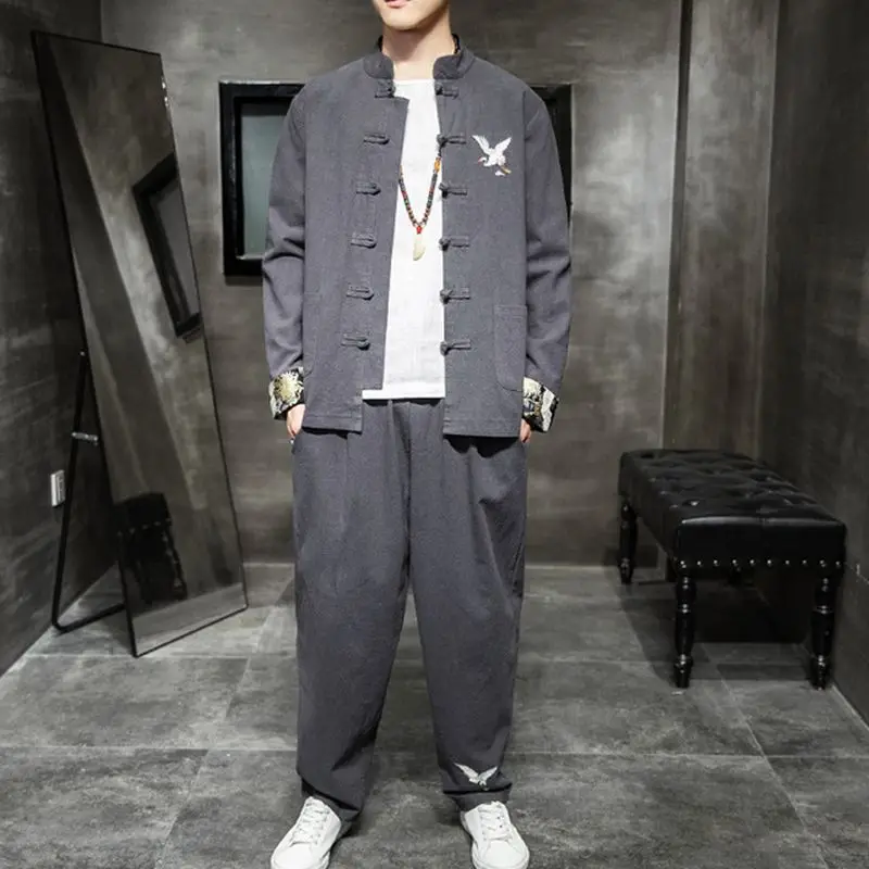 

Sinicism Store 2020 Men Buckle Casual Spring Loose Tracksuit Mens Chinese Style Suit Sets Male Embroidery 2 Piece Sets Clothing