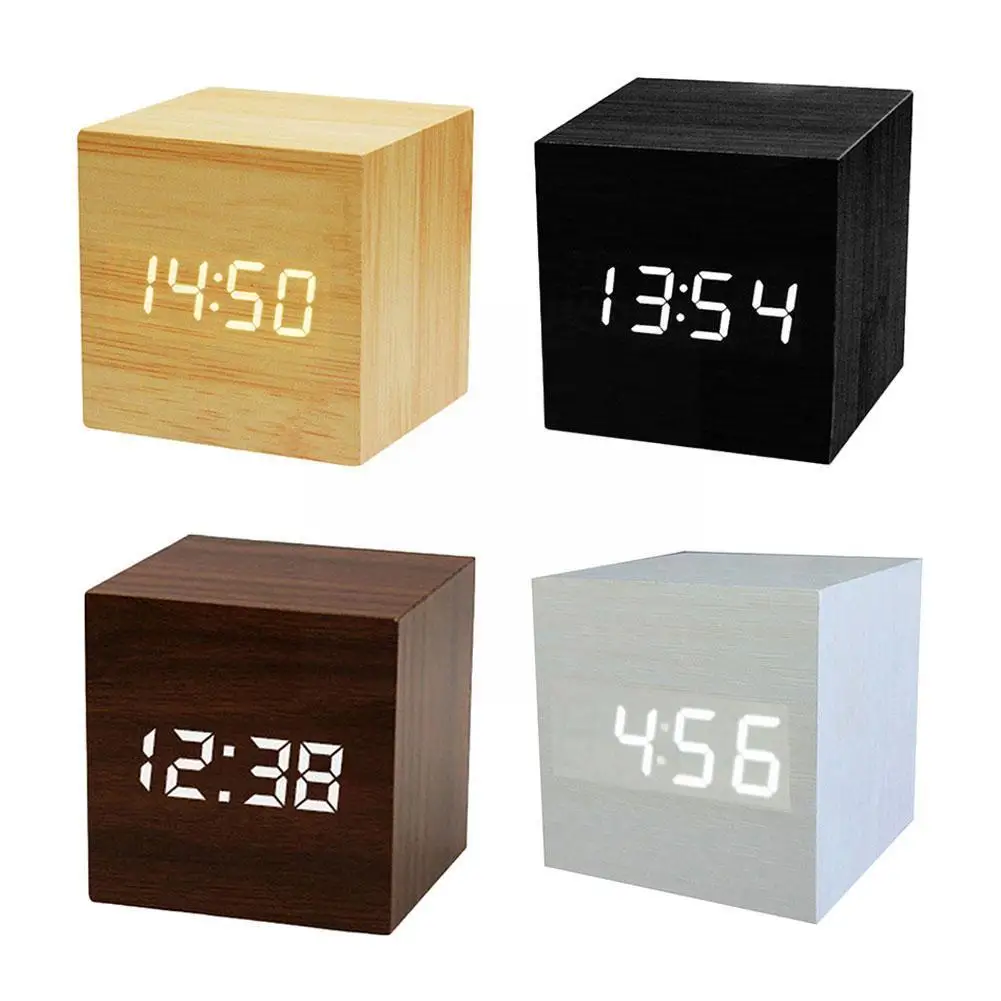 Square Wooden Alarm Clock Voice Control Snooze Function Minimalist Home Led Wood Temp Table Style Desk Cube Dec Z3c5 |