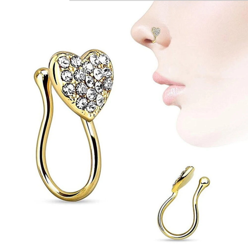 

1Pcs Crystal Rose Gold Nose Ring Heart Body Piercing Fake Septum Rings & Studs Vintage Ear Clip Non Piercing Jewelry Nose Clip