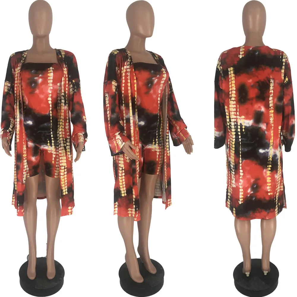 

New fashion tie dye print casual two piece suit fashion slim fit off shoulder sleeveless jumpsuit and women's Cape suit