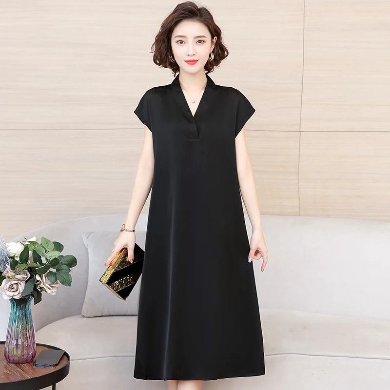 

Woman Solid Color Summer Dress Elegant V-neck Short Sleeve 2021 Loose Summer Casual Black Dresses for Women Clothes Plus Size