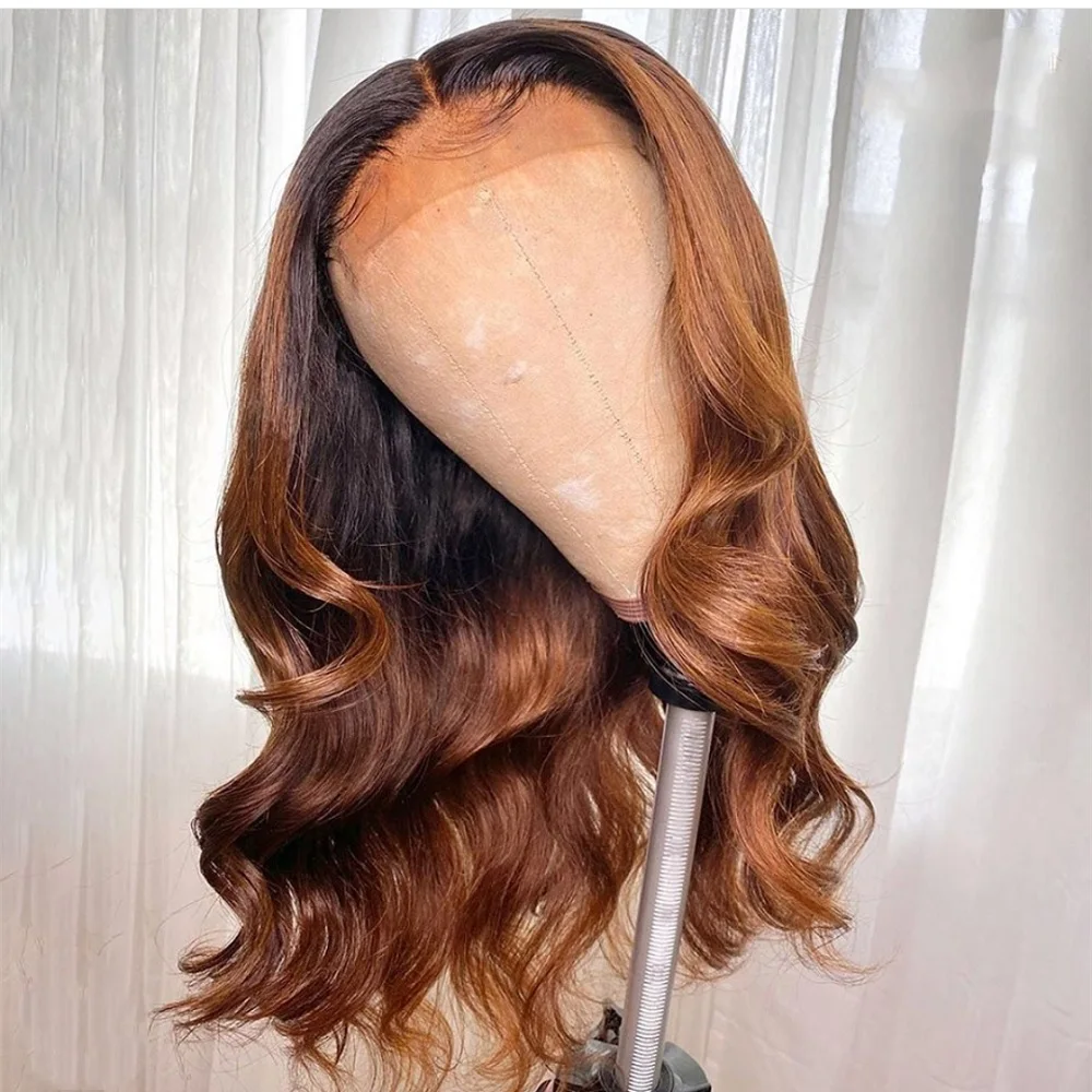 Murah Wig Gelombang Tubuh Hightlight Wig Rambut Manusia Renda Depan Coklat Ombre Wig Berwarna Bagian Tengah Remy Brasil Telah Ditanami Untuk Wanita