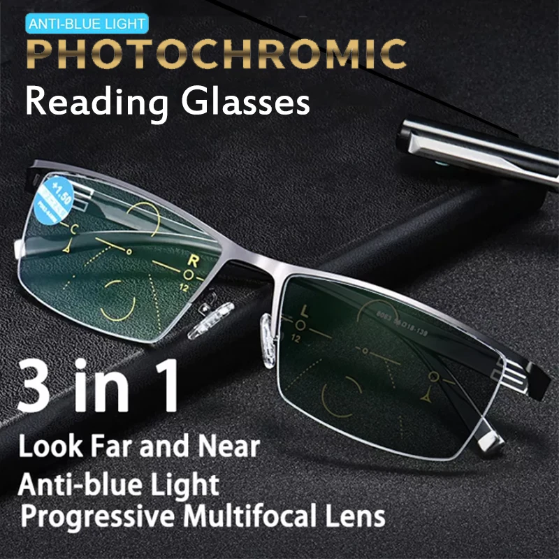 Outdoor Photochromic Multifocus Reading Glasses Men Women 2021 Progressive Anti-blue Ray Half-Frame Hyperopia Eyeglasses +2.5