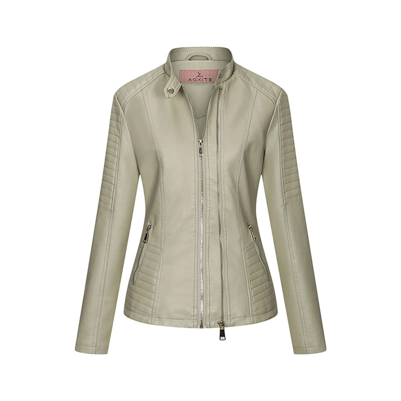 

Женская Повседневная однотонная байкерская куртка на молнии с карманами и длинным рукавом