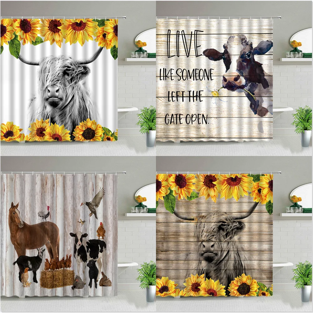 

Farmhouse Animal Highland Cow Sunflower Flower Shower Curtains Waterproof Cloth Bathroom Curtain Sets Bathtub Decor With Hooks