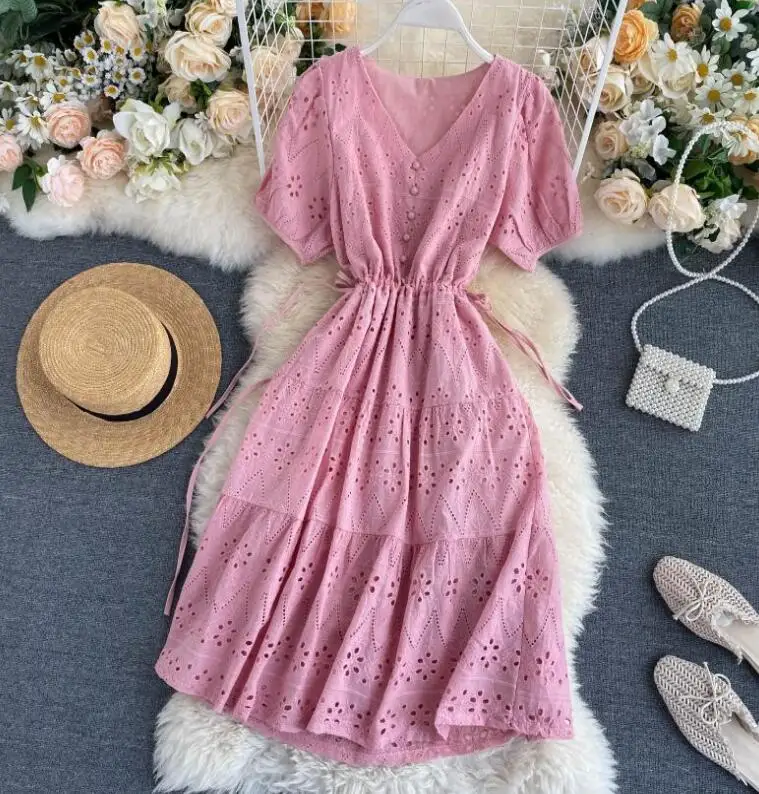 

Women's spring summer runway fashion short sleeve slim dress female casual high waist A-line chic purple dress TB413