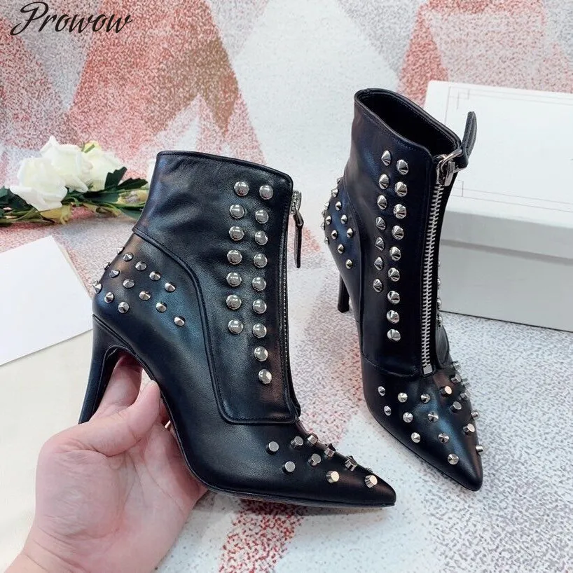 

Prowow Sexy Thin High Heels Women Shoes Autumn Genuine Leather Motorcycle Boots Rivets Zipper Designer Shoes Size 34-41