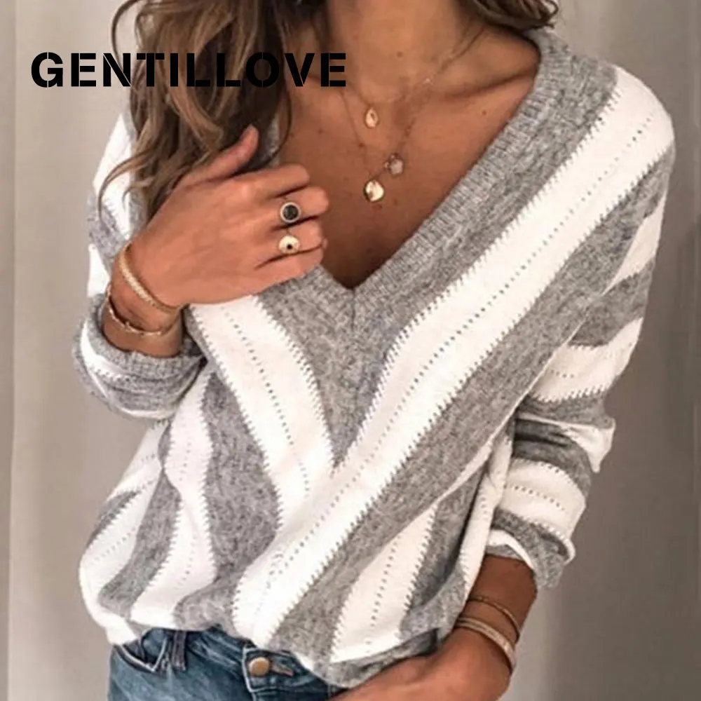 

Gentillove Autumn Oversized Sweater Vintage V Neck Striped Knitted Sweater Casual Autumn Winter Pullovers Knitwear Jumper Tops