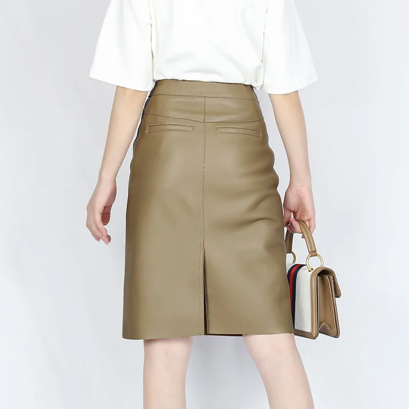 Женская Облегающая Юбка миди из натуральной кожи бежевая/черная|Женские юбки| |