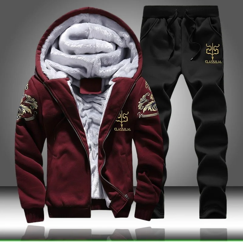 

Causal Tracksuits Men Sets Hooded Thicken Fleece Hoodies + Sweatpant 2021 Winter Spring Sweatshirt Sportswear Male Letter Print