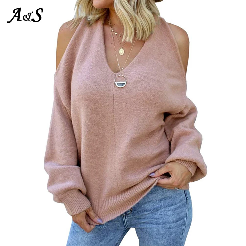 Женский свитер с V-образным вырезом и открытыми плечами уличная мода